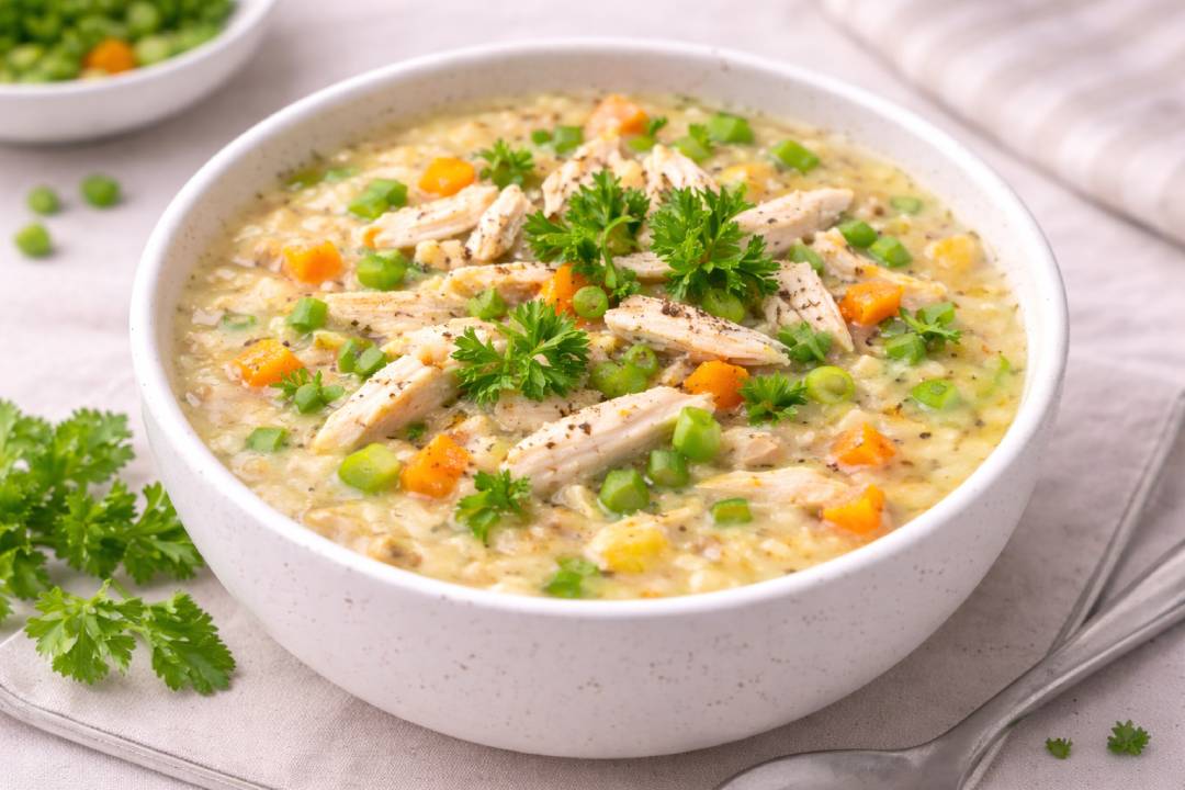 Savory Oat Porridge with Shredded Chicken, a Healthy Diet from Europe