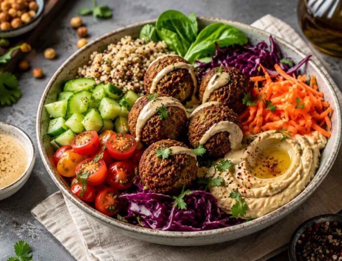 Falafel Bowl, a combination of vegetable protein and vegetables in one bowl