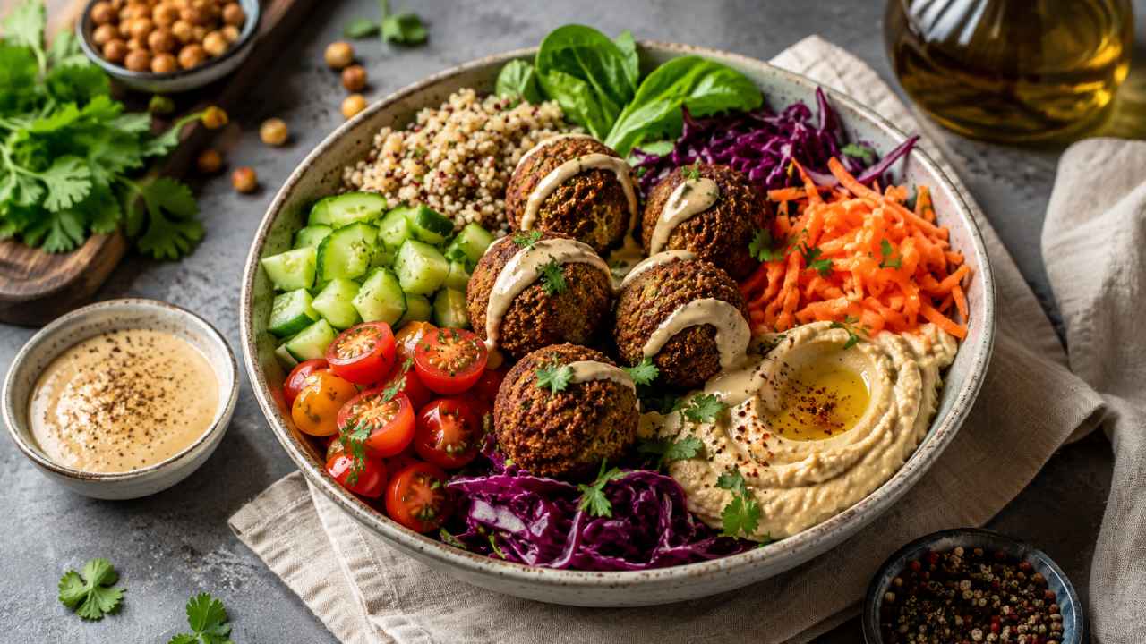 Falafel Bowl, a combination of vegetable protein and vegetables in one bowl