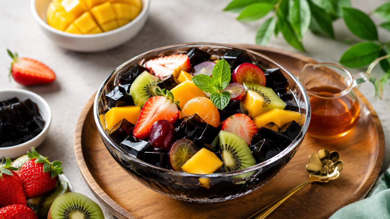 Grass Jelly with Fresh Fruit: A Naturally Sweet Dessert with Fewer Calories