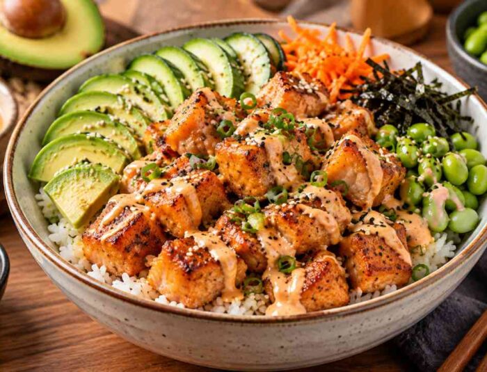 Crispy Salmon Rice Bowl with Spicy Mayo and Avocado
