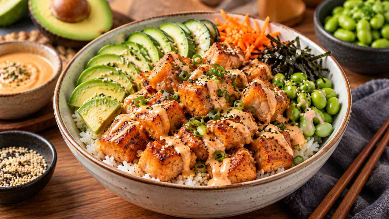 Crispy Salmon Rice Bowl with Spicy Mayo and Avocado