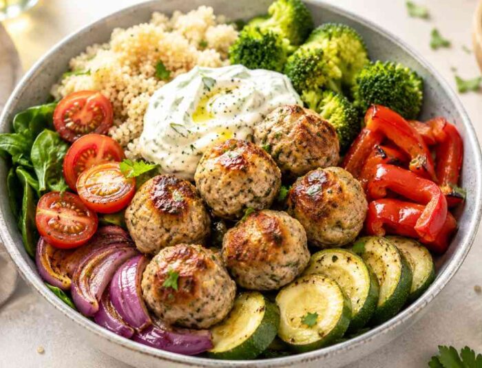 Turkey Meatball Bowl Combines Juicy Meatballs with Colorful Vegetables