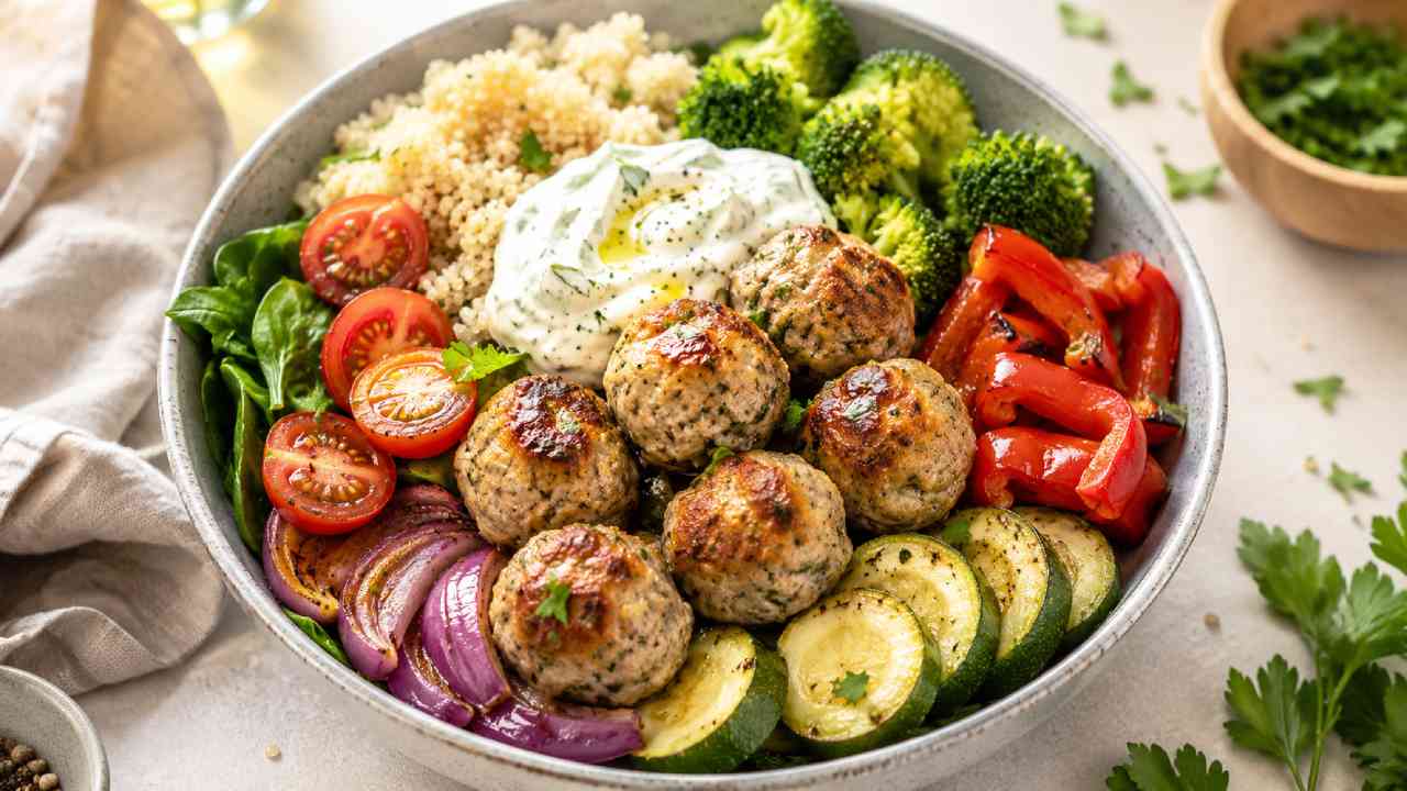Turkey Meatball Bowl Combines Juicy Meatballs with Colorful Vegetables