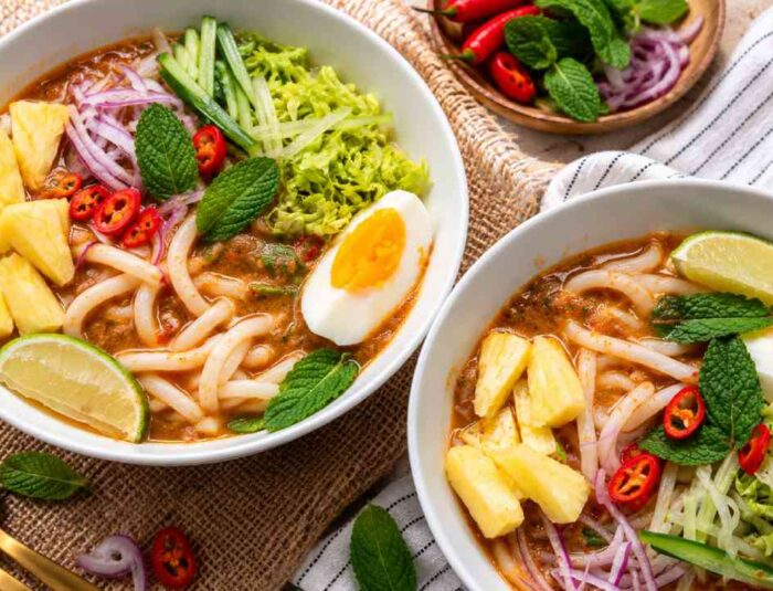 Asian Assam Laksa, Spicy Sour Noodles with Rich Fish Broth