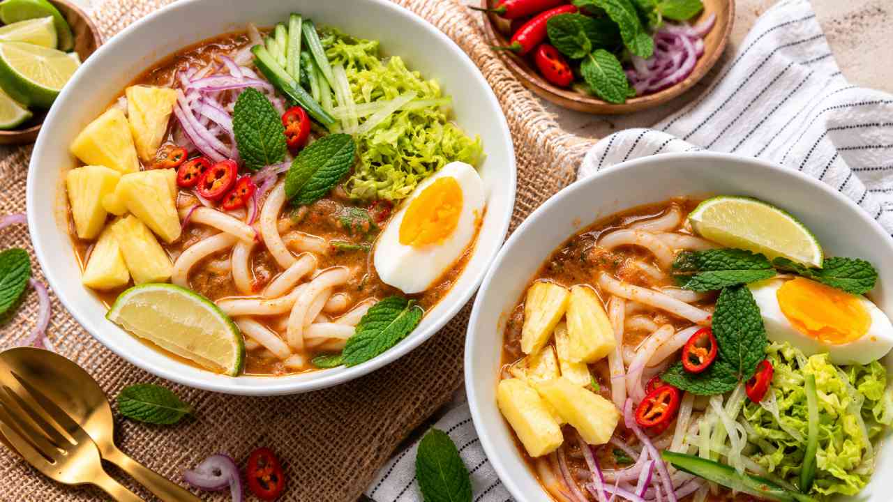 Asian Assam Laksa, Spicy Sour Noodles with Rich Fish Broth