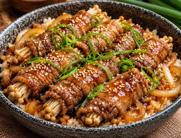 Beef Enoki Rolls Meals with Savory Garlic Soy Glaze