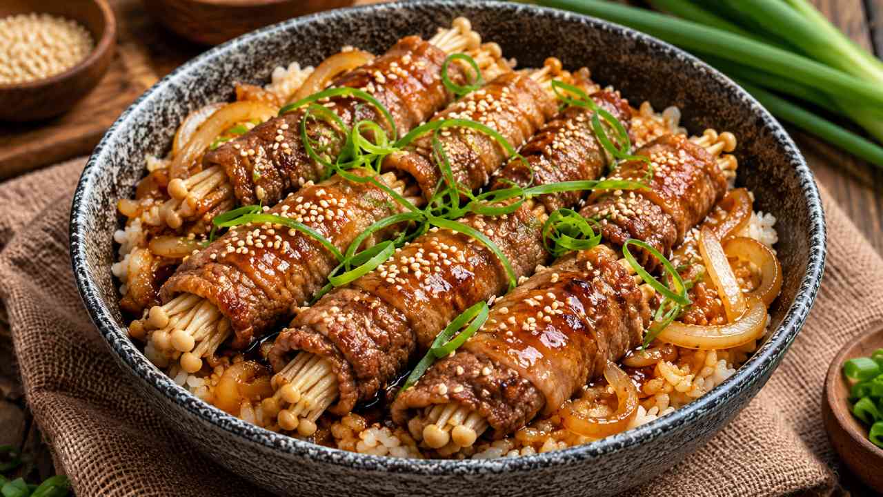 Beef Enoki Rolls Meals with Savory Garlic Soy Glaze