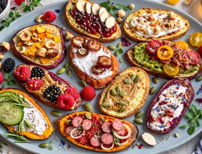 Organic Sweet Potato Toast with Fresh and Colorful Toppings